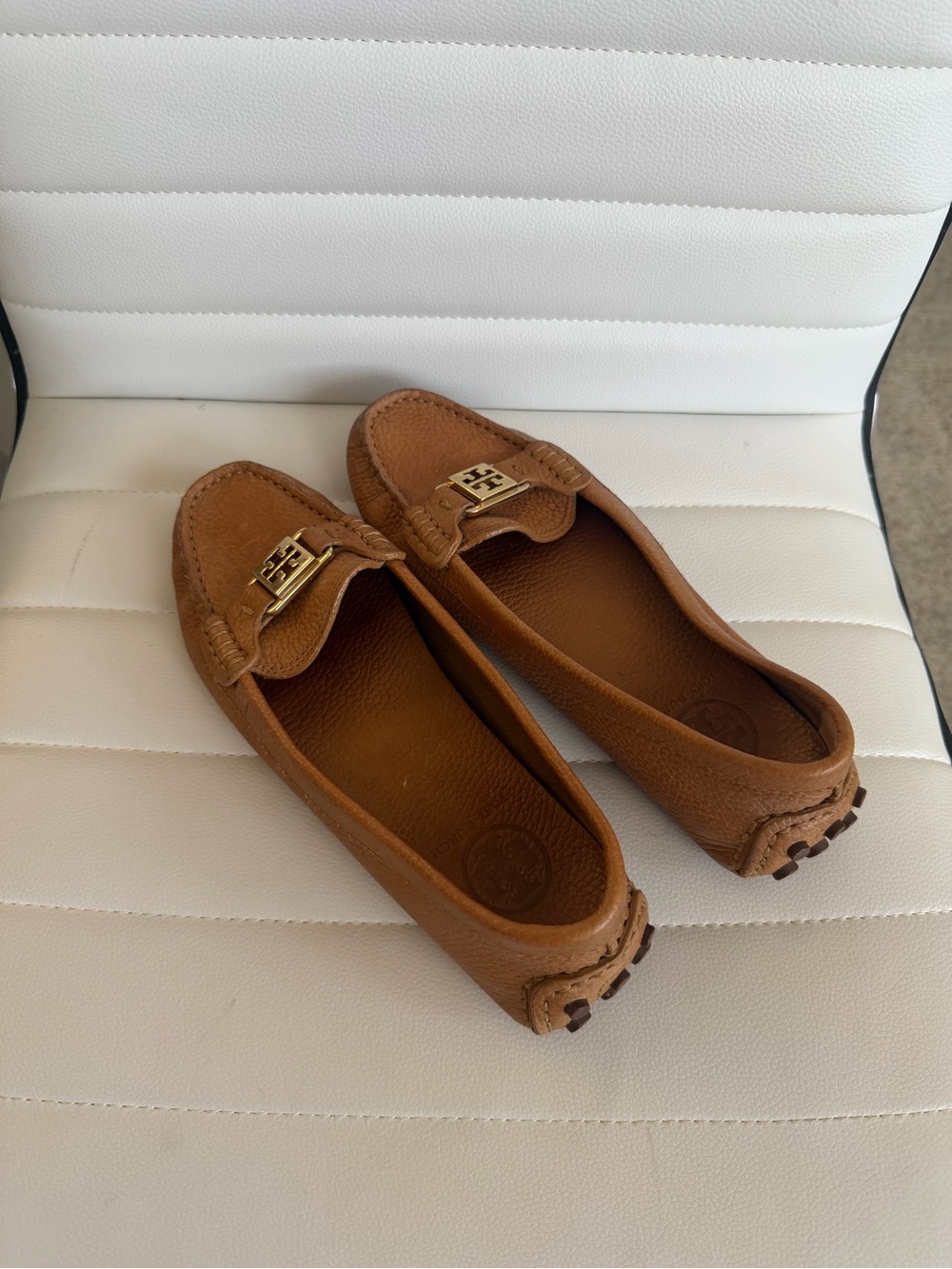 Tory Burch Cognac Leather Logo Moccasins